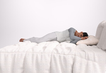 3D Render : The portrait of sleeping man in the big white bed, posture of sleeping