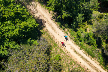 couple of cyclists riding their mountain bikes