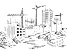 Construction City Building Exterior Graphic Black White Cityscape Skyline Sketch Illustration Vector