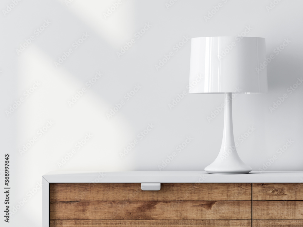 Modern white lamp on cabinet with clean wall mockup - obrazy, fototapety, plakaty 