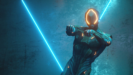 Dancing alien robot on a metal background with bright neon lights. The concept of joy and victory. 3d illustration