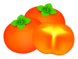 Wall Mural - Two whole fruits of persimmons and a slice isolated on white background.