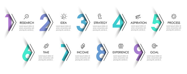 Vector Infographic design template with icons and 9 options or steps. Can be used for process diagram, presentations, workflow layout, banner, flow chart, info graph.