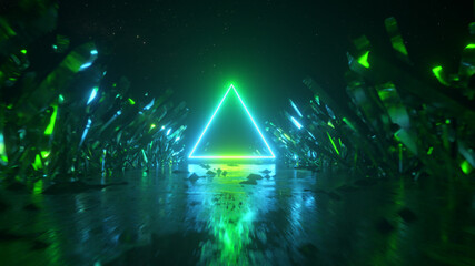 Wall Mural - flying in abstract space along crystals and rocks. modern ultraviolet blue green neon light spectrum