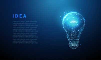 low poly abstract blue glowing light bulb.