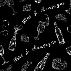 Wall Mural - Wine, champagne, alcohol drink vector chalk line seamless pattern on black background. Concept for print, textile, cards  