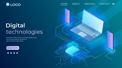 Wall Mural - digital technology.web development and software programming concept.laptops and smartphones are conn