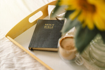 Sunflowers, Coffee and open bible. Read, Rest. Concept for faith, spirituality and religion. 