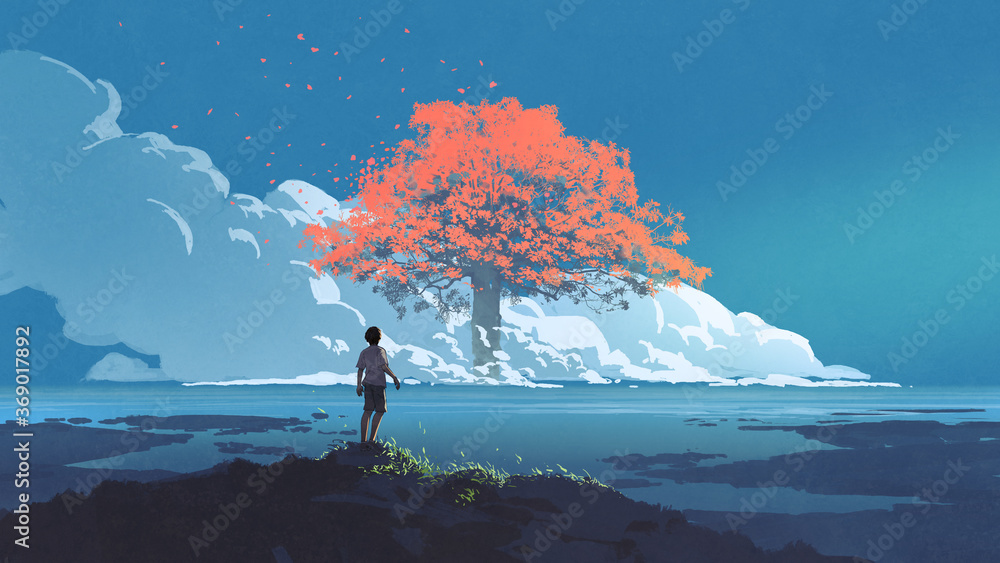 young boy looking at the giant autumn tree at the horizon, digital art style, illustration painting - obrazy, fototapety, plakaty 