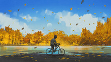 Boy On A Bicycle Looking At The Autumn View, Digital Art Style, Illustration Painting