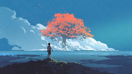 young boy looking at the giant autumn tree at the horizon, digital art style, illustration painting