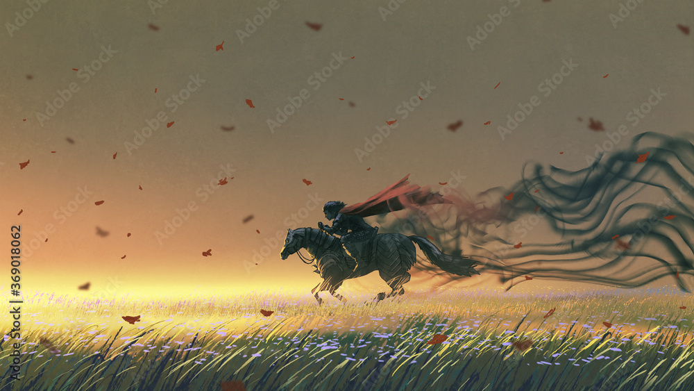 knight riding a horse running in the meadow, digital art style, illustration painting - obrazy, fototapety, plakaty 
