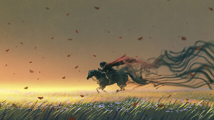 knight riding a horse running in the meadow, digital art style, illustration painting