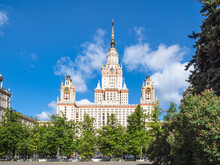 View Of East Facade Of The Main Building Of Moscow State University (Lomonosov State University Of Moscow) On Lebedev Street In Sunny Summer Day