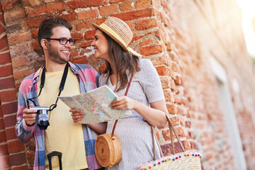 Wall Mural - Adult happy tourists sightseeing Gdansk Poland in summer