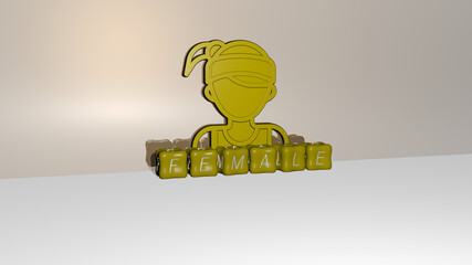 3D graphical image of FEMALE vertically along with text built by metallic cubic letters from the top perspective, excellent for the concept presentation and slideshows. woman and beautiful