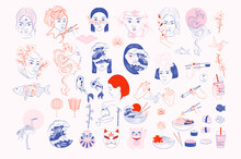 Collection Of Japanese Objects: Asian Woman Portrait, Koi Fish, Dragon, Sakura, Japanese Food, Sushi, Folk Elements, Crane, Sea Wave.   Minimalistic Elements In One Line. Editable Vector Illustration.