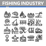 Fototapeta Sawanna - Fishing Industry Business Process Icons Set Vector. Fishing Industry Processing, Boat With Catch, Fish Drying And Froze, Factory Conveyor Concept Linear Pictograms. Monochrome Contour Illustrations