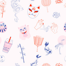 Seamless Pattern With Japanese Objects: Koi Fish, Crane, Sun, Maneki Neko, Drama Doll, Origami, Bamboo, Bubble Tea, Dragon, Sakura. Editable Vector Illustration