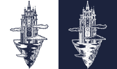 Medieval castle tattoo art. Ancient castle on the mountain. Symbol of the fairy tale, dream, magic. Medieval castle t-shirt design. Black and white vector graphics