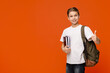 Leinwandbild Motiv Cheerful teen boy with backpack and books gesturing thumb up
