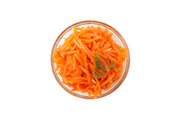 Wall Mural - Bowl with tasty carrot salad isolated on white background