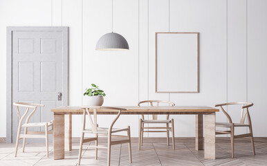 poster mock up in bright dining room interior,  farmhouse style, 3d render