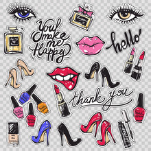 Fashion Patch Vector Set. Cosmetics Icons, Lipstick, Perfume And High Heels. Woman Eyes And Lips. Stickers And Patches For Glamour Design.