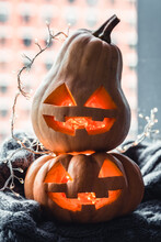 Jack O Lanterns Halloween Pumpkins Face On A Table