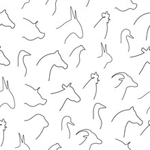 Seamless Pattern Animals Vector Line. Farm Domestic Animals Head Symbols Illustration Isolated On White Background.