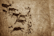 Cave Art Seamless Pattern Made Of Ancient Wild Animals, Horses And Hunters. Rock Paintings. Hunting Scenes. Palaeolithic Petroglyphs Carved In Rocks. Stones With Petroglyphs. People Get Food