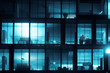 a window with a view through horizontal blinder. business people working inside. businee office building. night scene