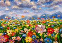 Landscape Of Multicolored Flowers Watercolor Painting Style.oil Painting Colorful Wildflowers