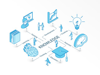 Knowledge isometric concept. Connected line 3d icons. Integrated infographic system. People teamwork. Education, creative thinking, teaching symbol. Development, learning potential, library pictogram