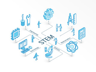 stem isometric concept. connected line 3d icons. integrated infographic design system. people teamwo