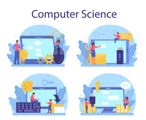 IT education concept set. Student write software and create code