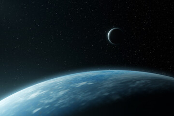 Wall Mural - view of the surface of a blue planet with a satellite above the horizon line in space
