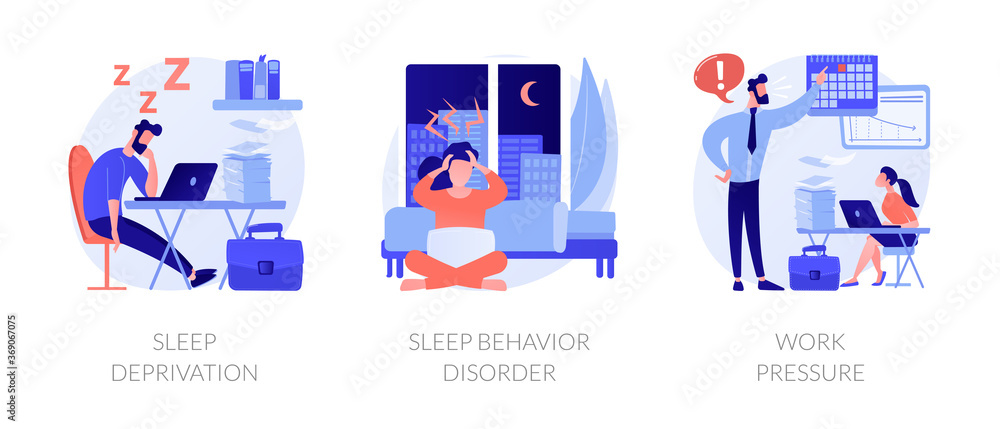 Stress management abstract concept vector illustration set. Sleep deprivation and behavior disorder, work pressure, insomnia, clinical diagnostic, mental health, chronic anxiety abstract metaphor. - obrazy, fototapety, plakaty 