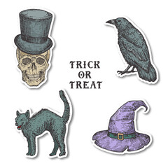 Wall Mural - Vintage Style Halloween Stickers Bundle. Hand Drawn Scull, Witch Hat, Cat, and Raven Sketch Symbols Collection. Retro Typography. Soft Shadows.