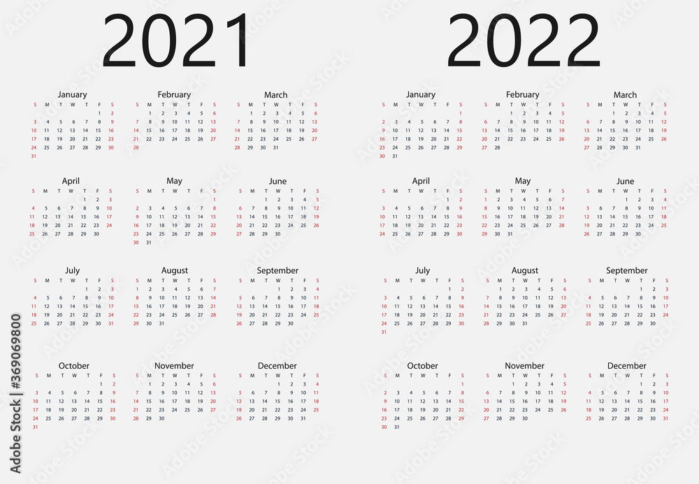 2021, 2022 calendar, week starts Sunday. Vector illustration, flat design. - obrazy, fototapety, plakaty 