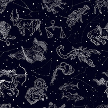 Zodiac Signs, Constellations And Stars Seamless Pattern. Aries, Taurus, Gemini, Cancer, Leo, Virgo, Libra, Scorpio, Sagittarius, Capricorn, Aquarius, Pisces. Horoscope Symbols On A Space Background.