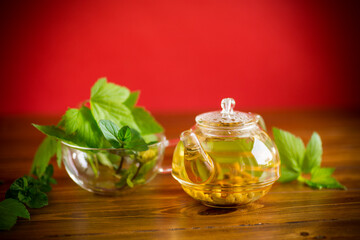 Poster - summer refreshing organic tea from currant leaves in a glass teapot