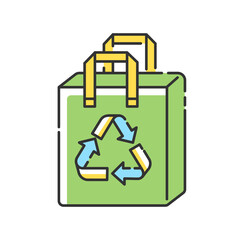 Sticker - Reusable grocery bag RGB color icon. Zero waste, sustainable lifestyle. Eco friendly, plastic free shopping bag with recycling sign isolated vector illustration