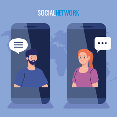 Poster - social network, couple connected for smartphones, communicate and global concept