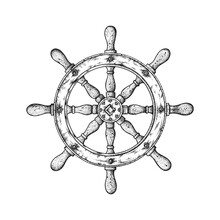Wooden Ship Steering Wheel. Hand Drawn Vector Illustration