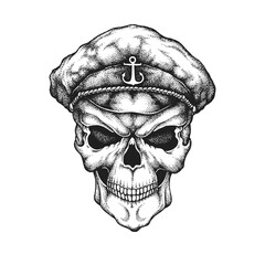 Wall Mural - Pirate Sailor Skull in Captain Peaked Cap. Hand Drawn Vector Illustration