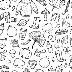 Wall Mural - seamless monochrome pattern created from hand drawn doodles on white background for scrapbooking, stationary, textile prints, wrapping paper, etc. Autumn, Thanksgiving theme. 