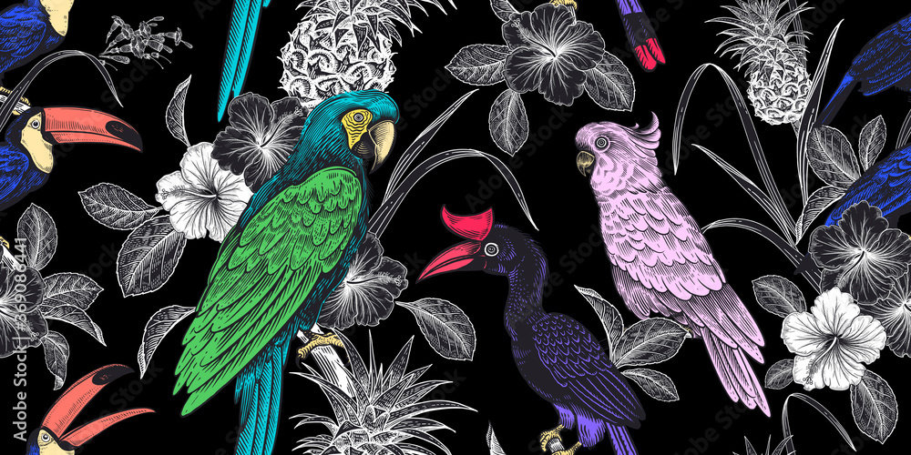 Floral seamless pattern. Tropical birds, flowers, fruits, leaves on black background.  Pineapple, parrots, toucans. - obrazy, fototapety, plakaty 