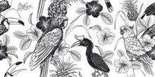 Tropical Floral Seamless Pattern. Leaves And Flowers Hibiscus, Birds Parrots And Toucans