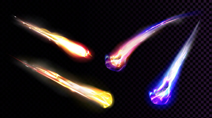 Wall Mural - falling comets, asteroids or meteors with flame trail isolated on transparent background. vector rea